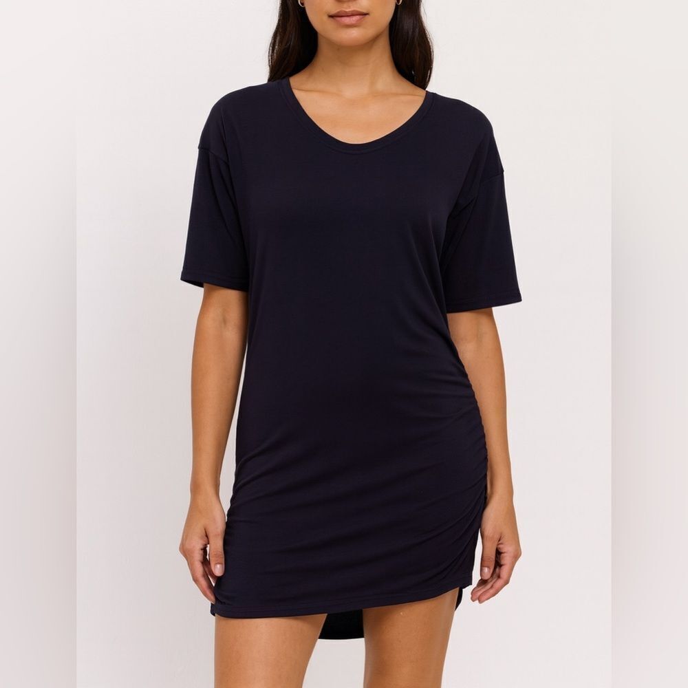 COS Navy Ruched Side Dress Women’s Size S Minimalist Short Sleeve Shift